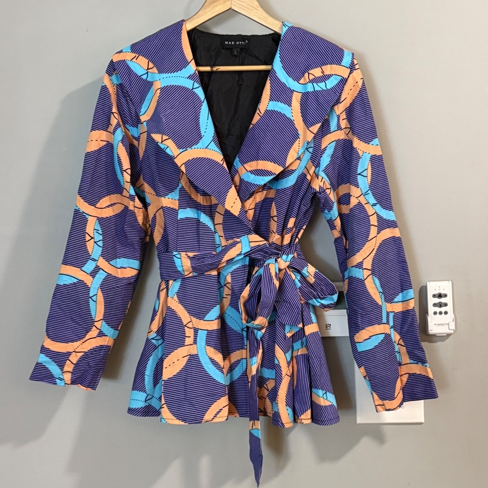 Mae Otti Wrap Top Women Large Purple Geometric Ankara Print Cotton Blouse 5737